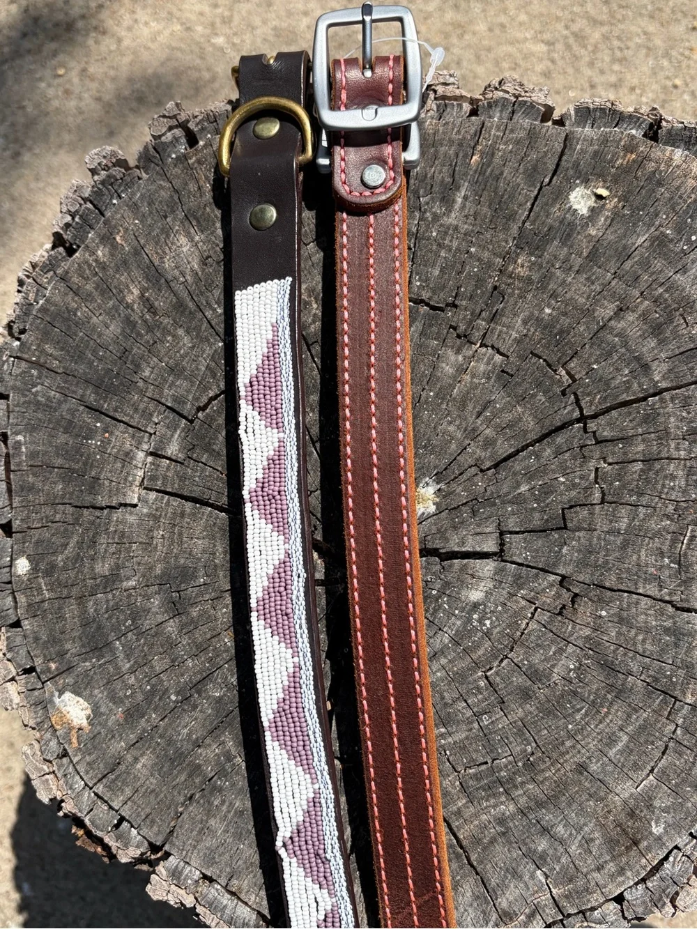 2-Hand-stitched and Beaded Brown Leather Dog Collar set